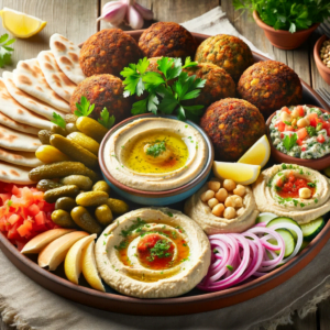 A traditional falafel platter served with hummus, baba ganoush, pita bread, pickled vegetables, and a side of tabbouleh salad