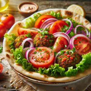 dish of falafel served in a pita bread with fresh lettuce, sliced tomatoes, red onions, and a drizzle of tahini sauce.